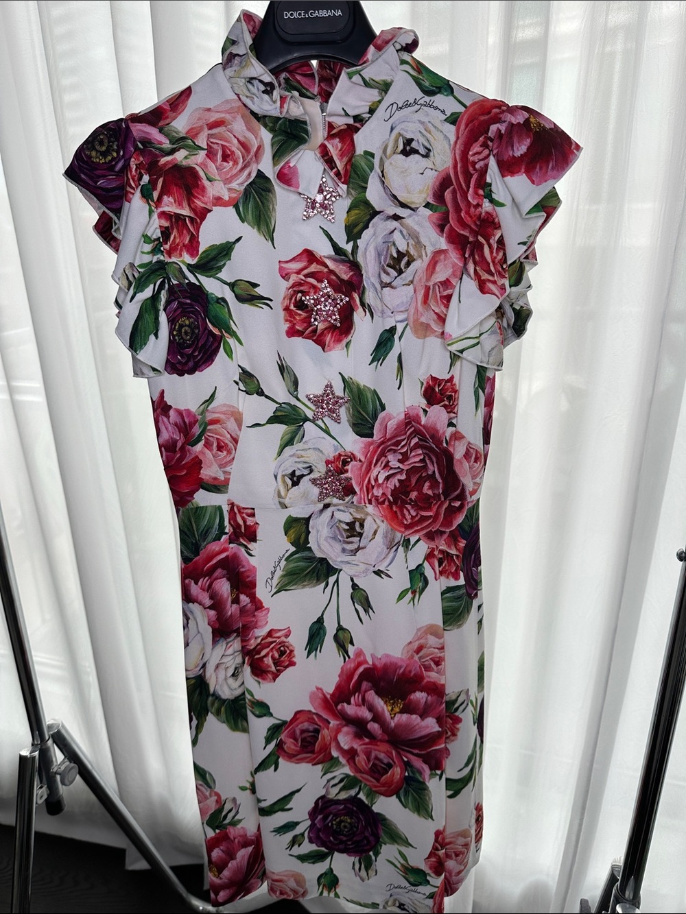 Dolce & Gabbana White Floral Midi Dress with Pink & Red Roses